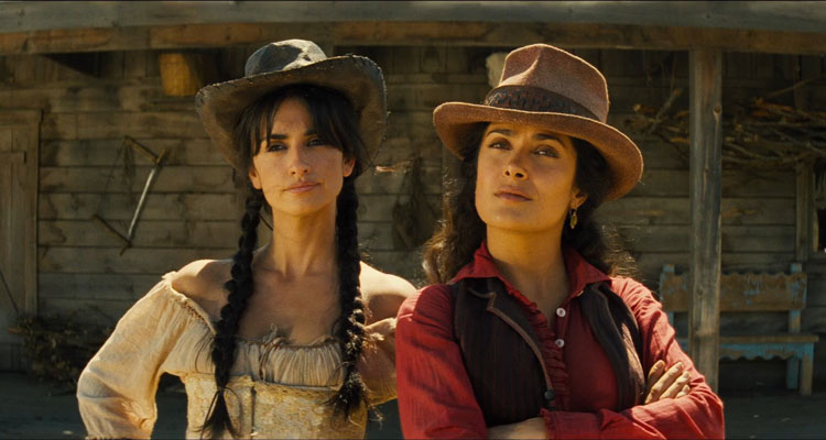 Bandidas 2006 Movie Scene Penelope Cruz as Maria and Salma Hayek as Sara two outlaws trying to learn how to rob banks