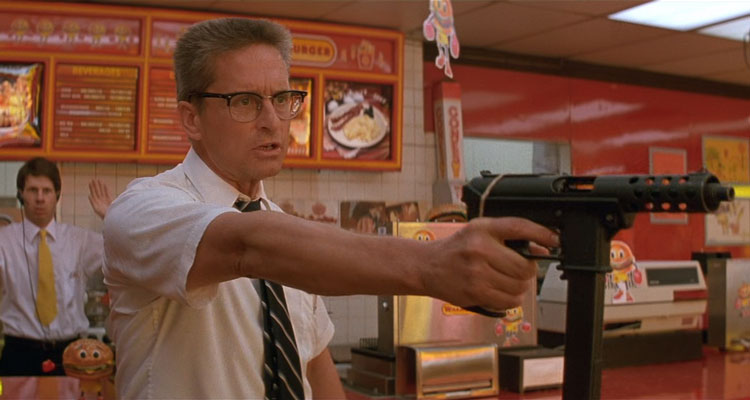 Falling Down 1993 Movie Scene Michael Douglas as D-Fens holding a gun in Whammyburger