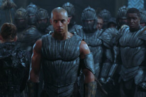 The Chronicles Of Riddick 2004 Movie Scene Vin Diesel as Riddick wearing a Necromonger armor