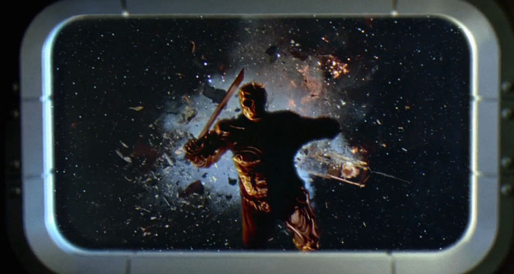 Jason X 2001 Movie Scene Kane Hodder as Jason Voorhees holding a machete and flying in outer space