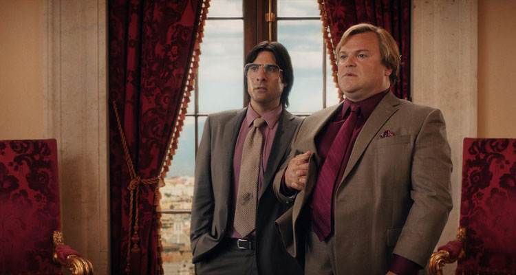The Polka King 2017 Movie Scene Jack Black as Jan Lewan and Jason Schwartzman as Mickey Pizzazz waiting to meet pope at the Vatican