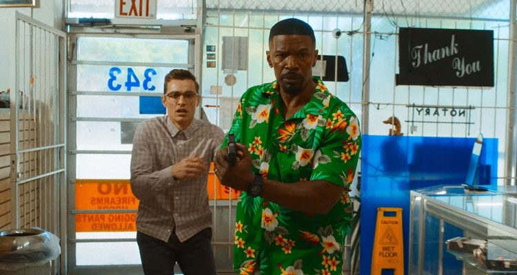 Day Shift 2022 Movie Scene Jamie Foxx as Bud and Dave Franco as Seth entering a pawn shop