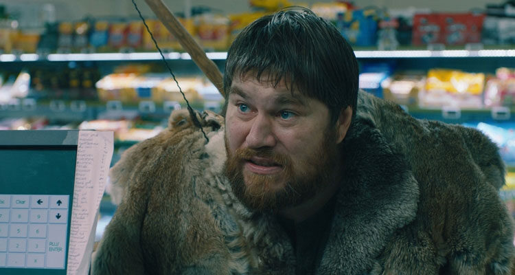 Wild Men Movie 2021 Scene Rasmus Bjerg as Martin in the supermarket dressed in fur