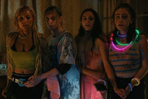 Bodies Bodies Bodies 2022 Movie Scene Amandla Stenberg as Sophie, Maria Bakalova as Bee, Chase Sui Wonders as Emma and Rachel Sennott as Alice afraid in the house