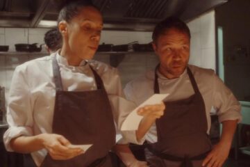 Boiling Point 2021 Movie Scene Vinette Robinson as Carly and Stephen Graham as Andy Jones reading orders to the chefs in a restaurant