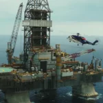 Deepwater Horizon 2016 Movie Scene A helicopter arriving at the Deepwater Horizon oil rig on the day of the accident