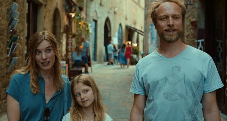 Speak No Evil 2022 Movie Scene Morten Burian as Bjørn, Sidsel Siem Koch as Louise and Liva Forsberg as Agnes on their vacation in Tuscany