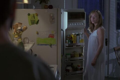 The Hand that Rocks the Cradle 1992 Movie Scene Rebecca De Mornay as Peyton wearing only her nightgown and standing next to a fridge