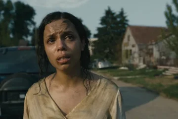 Barbarian 2022 Movie Scene Georgina Campbell as Tess all beaten after she escaped from the house