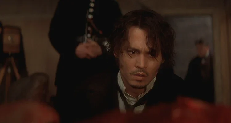 From Hell 2001 Movie Scene Johnny Depp as Inspector Abberline arriving at one of the scenes of Jack the Ripper murders