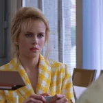 To Die For 1995 Movie Scene Nicole Kidman as Suzanne Stone in a bright yellow dress convincing her future boss to get her a job