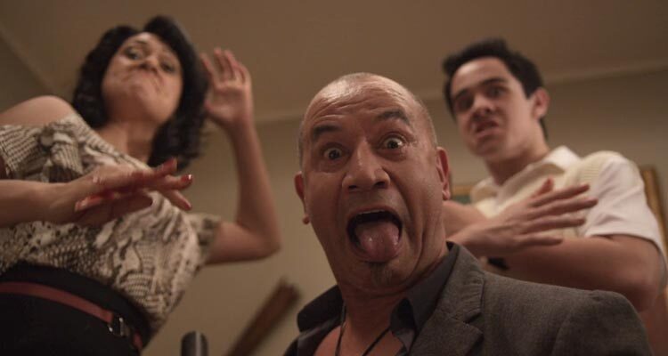Fresh Meat 2012 Movie Scene Temuera Morrison as Hemi, Nicola Kawana as Margaret and Kahn West as Glenn doing the Maori intimidation dance to the camera