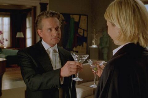 A Perfect Murder 1998 Movie Scene Michael Douglas as Steven Taylor drinking a martini with his wife