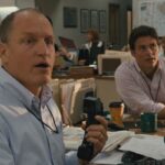 Shock and Awe 2017 Movie Scene Woody Harrelson as Jonathan Landay and James Marsden as Warren Strobel in the newsroom surprised
