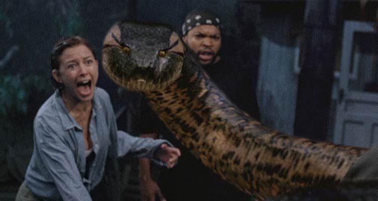 Anaconda 1997 Movie Scene Kari Wuhrer as Denise and Ice Cube as Danny screaming as a giant snake is attacking the boat