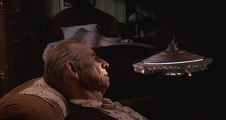 Batteries Not Included 1987 Movie Scene A miniature spaceship flying next to sleeping Hume Cronyn as Frank Riley