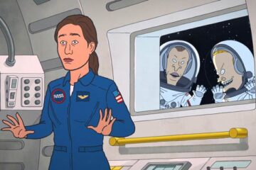 Beavis And Butt-Head Do The Universe 2022 Movie Scene Beavis and Butt-Head dressed in astronaut suits floating in front of the window of Andrea Savage as Serena's window onboard the space shuttle