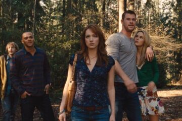 The Cabin in the Woods 2011 Movie Scene Kristen Connolly as Dana, Chris Hemsworth as Curt, Anna Hutchison as Jules, Jesse Williams as Holden and Fran Kranz as Marty arriving at the cabin for the first time
