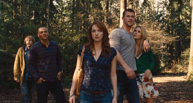 The Cabin in the Woods 2011 Movie Scene Kristen Connolly as Dana, Chris Hemsworth as Curt, Anna Hutchison as Jules, Jesse Williams as Holden and Fran Kranz as Marty arriving at the cabin for the first time
