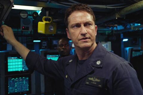 Hunter Killer 2018 Movie Scene Gerard Butler as Captain Joe Glass in his submarine hoping to avoid WWIII