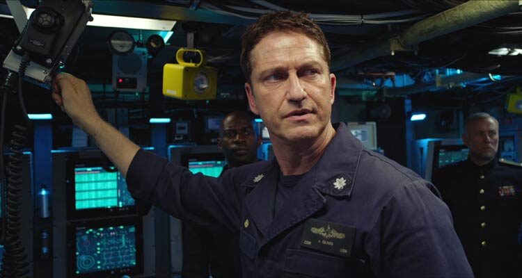 Hunter Killer 2018 Movie Scene Gerard Butler as Captain Joe Glass in his submarine hoping to avoid WWIII