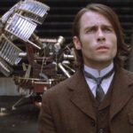 The Time Machine 2002 Movie Scene Guy Pearce as Alexander Hartdegen with the steampunk-looking time machine in the background seeing the future for the first time