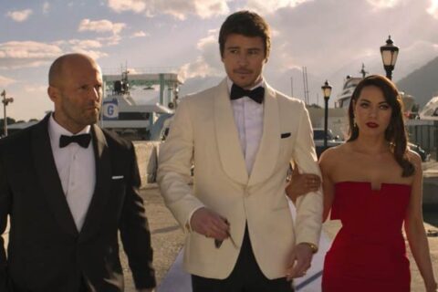 Operation Fortune Ruse De Guerre 2023 Movie Scene Jason Statham as Orson, Josh Hartnett as Danny and Aubrey Plaza as Sarah going to a party