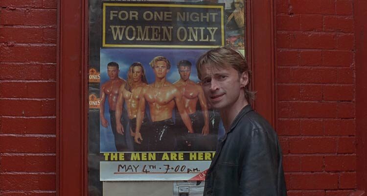 The Full Monty 1997 Movie Scene Robert Carlyle as Gaz looking at the poster for a male stripping group
