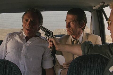 The Hit 1984 Movie Scene Terence Stamp as Willie Parker, John Hurt as Braddock and Tim Roth as Myron in a car