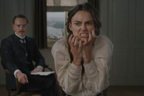 A Dangerous Method 2011 Movie Scene Michael Fassbender as Carl Jung in a psychoanalytical session with Keira Knightley as Sabina Spielrein