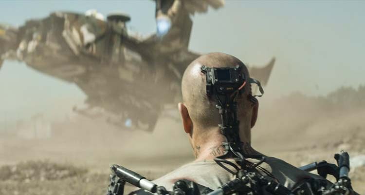 Elysium 2013 Movie Scene Matt Damon as Max wearing an exoskeleton with a special interface plugged directly into his brain walking towards a spaceship landing