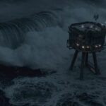 Last Sentinel 2023 Movie Scene The military outpost in the middle of the ocean Sentinel with a huge wave approaching it