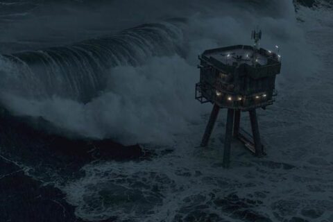 Last Sentinel 2023 Movie Scene The military outpost in the middle of the ocean Sentinel with a huge wave approaching it