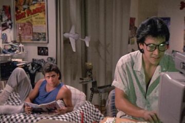 Never Too Young To Die 1985 Movie Scene John Stamos as Lance Stargrove and Peter Kwong as Cliff in their dorm room