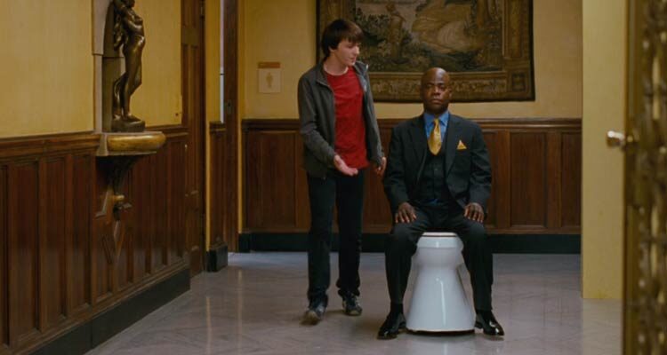 Superhero Movie 2008 Movie Scene Drake Bell as Rick Riker and Tracy Morgan as Professor Xavier who's sitting on a mobile toilet instead of the wheelchair