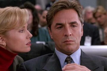 Guilty as Sin 1993 Movie Scene Don Johnson as David Greenhill thinking about his trail with Rebecca De Mornay as Jennifer Haines looking at him