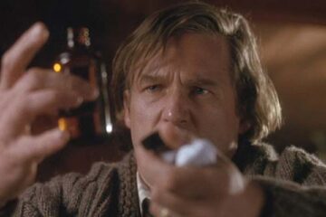 The Vanishing 1993 Movie Scene Jeff Bridges as Barney Cousins holding a bottle of chloroform and a handkerchief