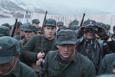 Narvik 2022 Movie Scene Carl Martin Eggesbø as Gunnar Tofte among soldiers about to attack the town to retake from the Nazis