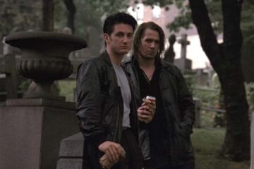 State of Grace 1990 Movie Scene Sean Penn as Terry and Gary Oldman as Jackie drinking at a cemetery