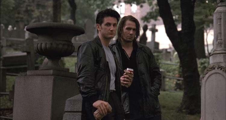 State of Grace 1990 Movie Scene Sean Penn as Terry and Gary Oldman as Jackie drinking at a cemetery