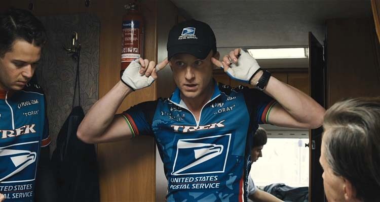 The Program 2015 Movie Scene Ben Foster as Lance Armstrong telling his teammates to focus during Tour de France race