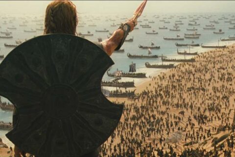 Troy 2004 Movie Scene Brad Pitt as Achilles leading Agamemnon's army to the gates of the city after they stormed the beach