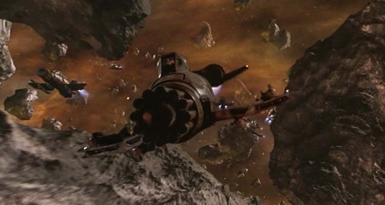 Wing Commander Movie 1999 Scene A fighter spaceship flying to engage the Kilrathi vessels