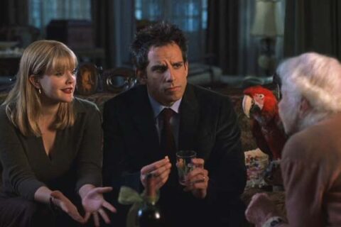 Duplex 2003 Movie Scene Ben Stiller as Alex and Drew Barrymore as Nancy talking to their neighbor Eileen Essell as Mrs. Connelly and her parrot
