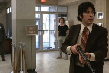 Dog Day Afternoon 1975 Movie Scene Al Pacino as Sonny holding a M1 Garand rifle and robbing a bank