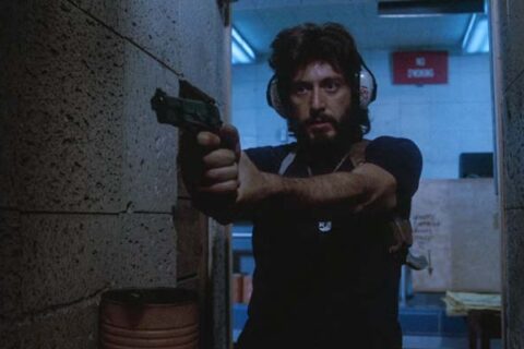 Serpico 1973 Movie Scene Al Pacino as Serpico practicing shooting in a gun range