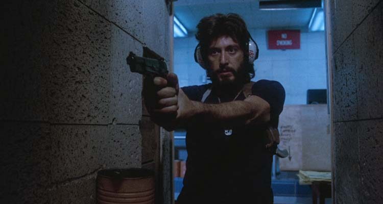 Serpico 1973 Movie Scene Al Pacino as Serpico practicing shooting in a gun range