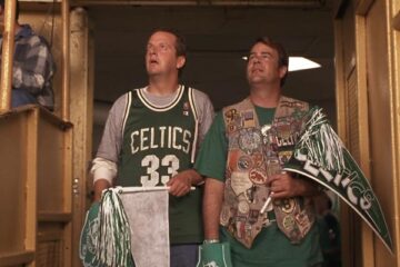 Celtic Pride 1996 Movie Scene Daniel Stern as Mike O'Hara and Dan Aykroyd as Jimmy Flaherty entering Boston Garden wearing Boston Celtics jerseys to watch the finals