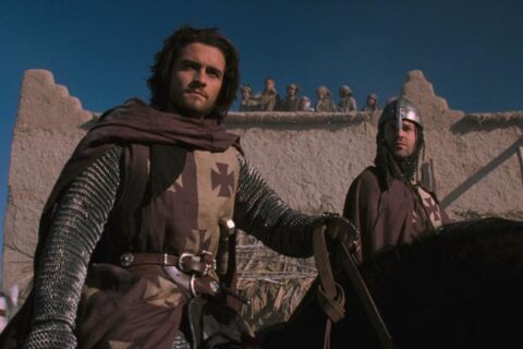 Kingdom of Heaven 2005 Movie Scene Orlando Bloom as Balian de Ibelin in full armor riding his horse outside Jerusalem