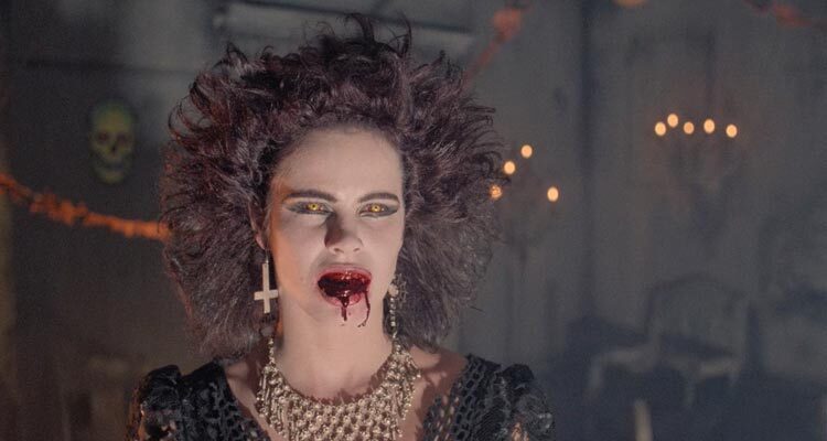 Night of the Demons 1988 Movie Scene Amelia Kinkade as Angela, the goth chick with blood in her mouth and demonic eyes,